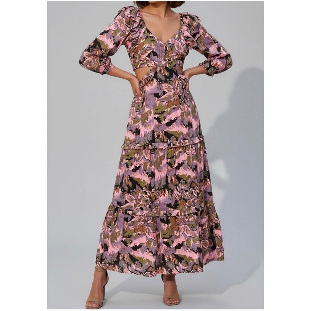 Cleobella Pink Olive Floral Cutout Ruffle Tiered Maxi Dress Small
